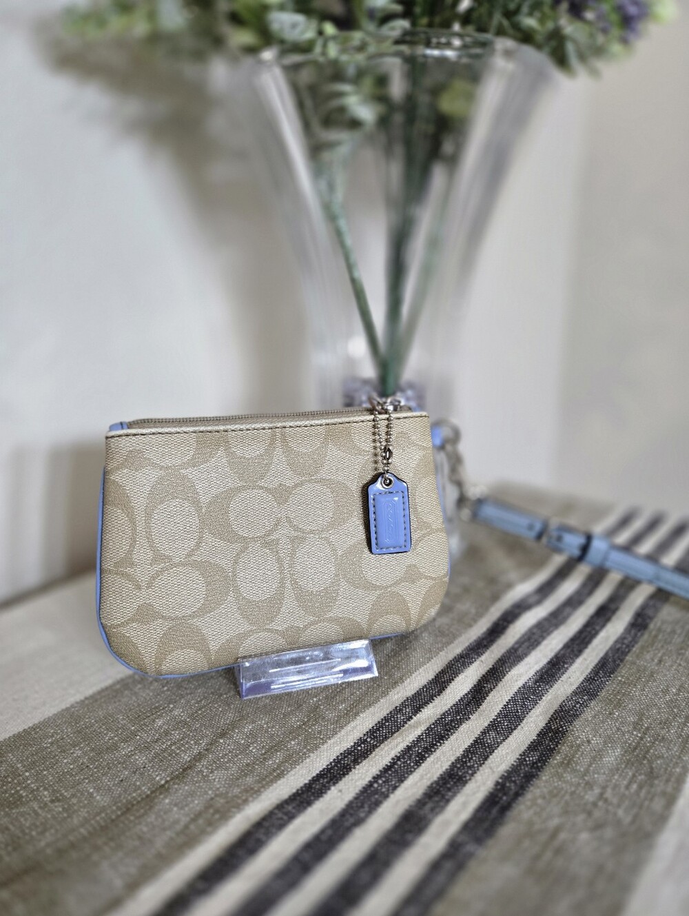 Coach Beige Signature Small Wristlet with Light Blue Trim